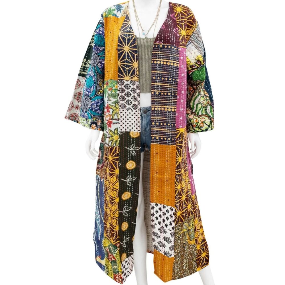 Boho Kantha Duster Patchwork Kimono Midi One Size Cotton Lined No 2 Alike